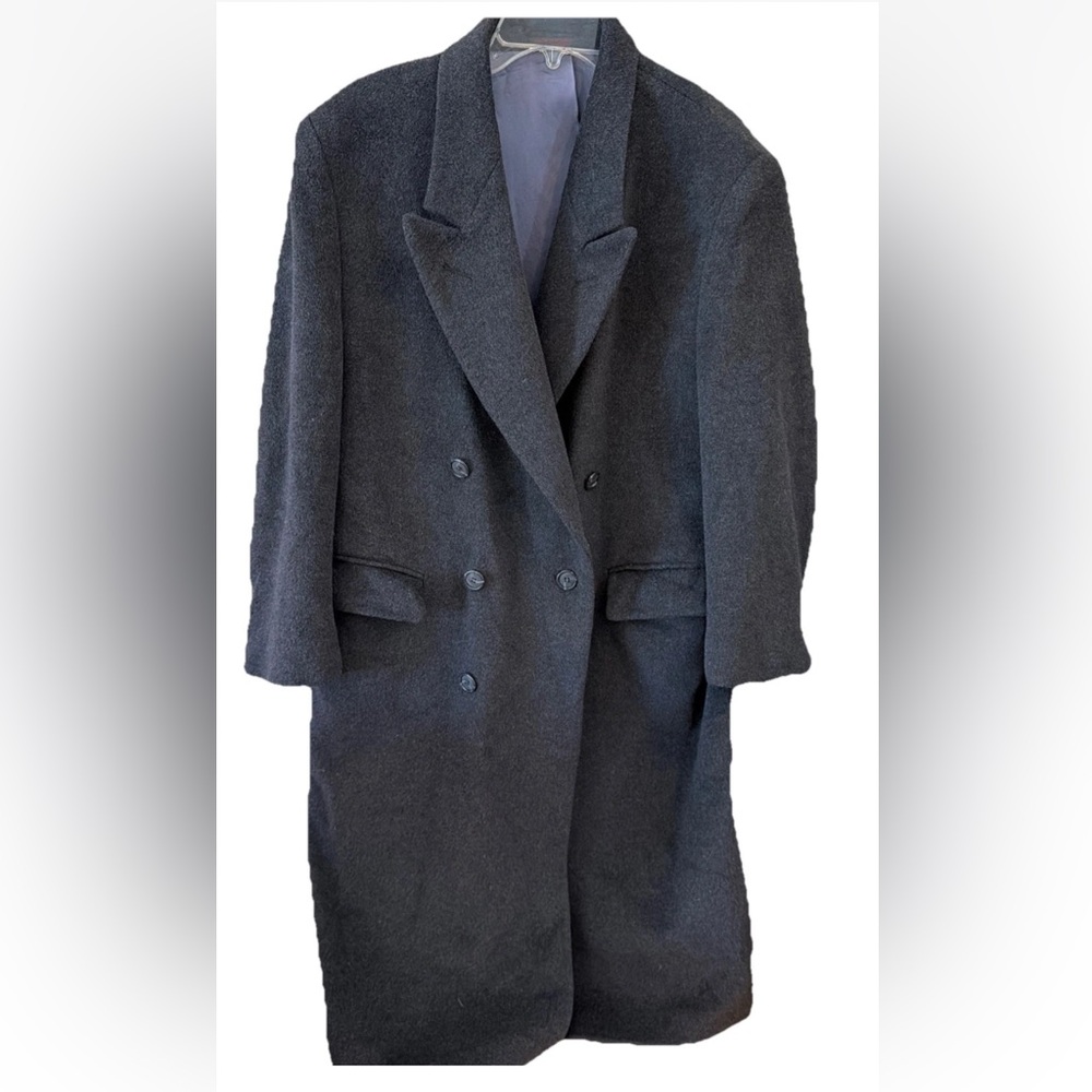 BLACK Wool double Breasted Button Trench Coat Lined Overcoat,  Men’s 42, Pockets